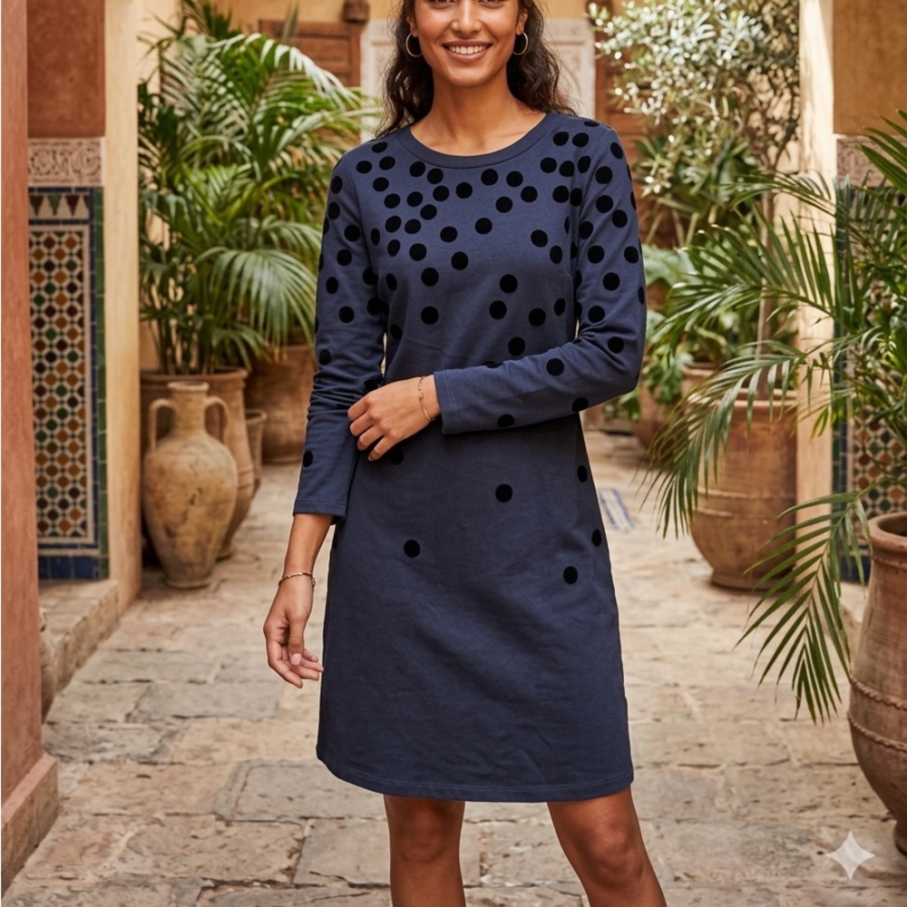 Boden Navy Blue Jersey Knit Black Flocked Spot Polka Dots Long Sleeve Size 6